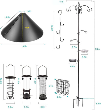 Bird Feeding Station Kit Bird Feeder Pole Wild Bird Feeder Kit with Squirrel Baffle and Suet Cage Mesh Tray Fruit Hook Double W Hook for Attracting Wild Birds