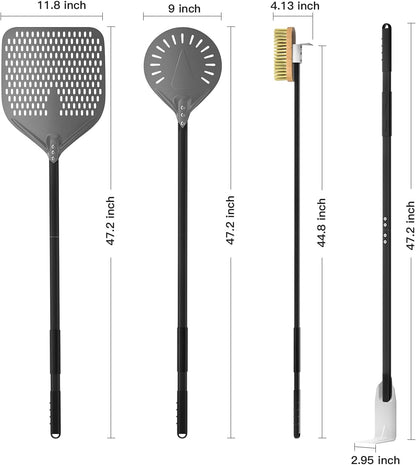 G.a HOMEFAVOR 4-Piece Pizza Oven Accessories, 12-Inch Perforated Pizza Peel, 9-Inch Round Turning Pizza Peel, Pizza Oven Cleaning Brush and Ash Rake for Professional Chef or Pizza Lover
