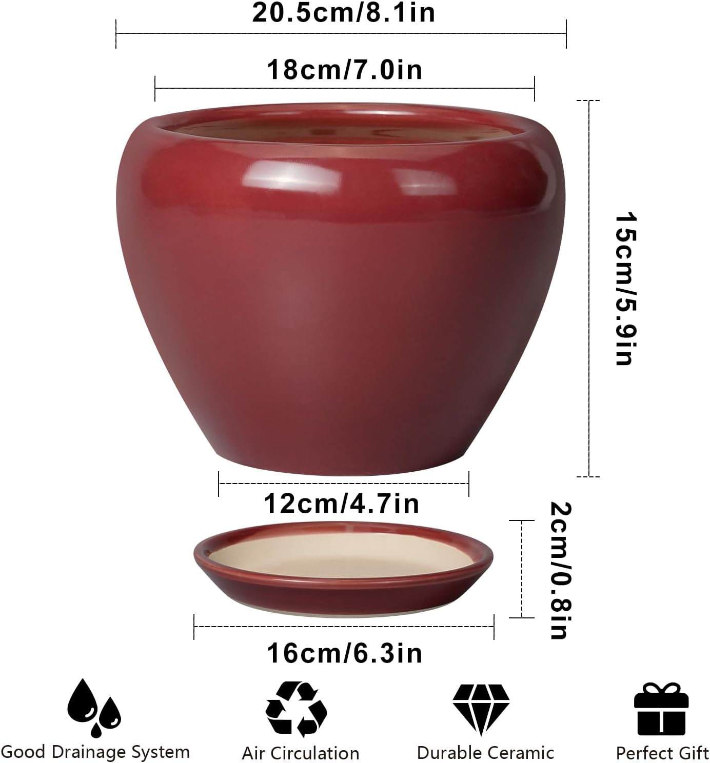 Ceramic Planter - 8 Inch Plant Pot Indoor with Drainage Hole and Saucer Planter for Outdoor Plants Round Flower Pot for House Patio Decor Red