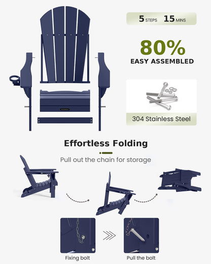 MUCHENGHY Folding Adirondack Chairs, Patio Chairs, Lawn Chairs, Outdoor Chair, Adirondack Chair Plastic, Fire Pit, Weather Resistant with Cup Holder for Deck, Backyard, Garden(Dark Navy Blue)