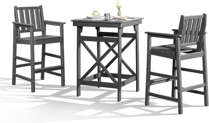 3-Piece Adirondack Chairs and Table Set, HDPE Patio Bar Sets, All Weather Outdoor Bar Stools Set, HDPE Adirondack Bar Height Chairs and Bar Table for Balcony, Pool, Porch, Smoke Gray