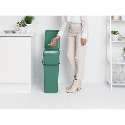 Brabantia Sort & Go Kitchen Recycling Bin | L / 10.6 Gal / 40L | Fir Green | Removable Stay-Open Lid, Carry Handle | Trash Can for Bottles, Cans, Paper, Glass | Wall Bracket Sold Separately