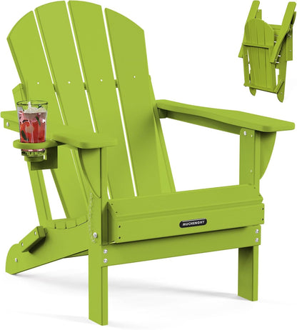 MUCHENGHY Folding Adirondack Chairs, Patio Chairs, Lawn Chairs, Outdoor Chair, Adirondack Chair Plastic, Fire Pit, Weather Resistant with Cup Holder for Deck, Backyard, Garden(Lemon Green)