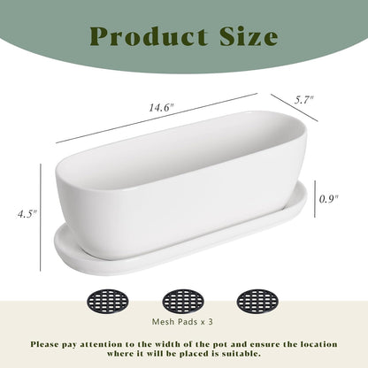 E-liu Oval Ceramic Planter Pot with Drainage Hole Saucers 14 Inch Succulents Planter Home Decor for Indoor Outdoor Plants Herb Cactus with 3 Mesh Pads, Plants Not Included