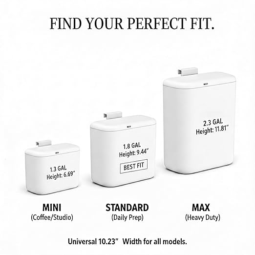 MUEE Hanging Compost Bin [1.8 Gal Standard Fit] Daily Food Scrap Collector with Slide Lid - Under Cabinet Small Trash Can for 2-3 Person Families, RV & Apartment - Matte White