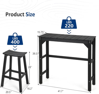 3 Piece Outdoor Bar Set, 42" Rectangular Pub Height High Top Bar Table & 2 Outdoor Bar Stools for Patio, Garden, Poolside and Bistro, Weatherproof, Black