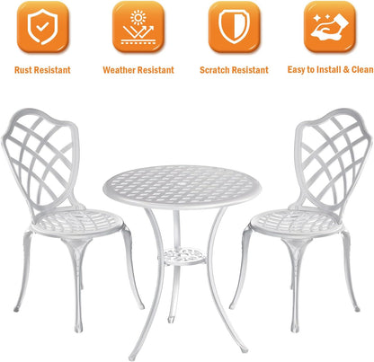 3 Piece Patio Bistro Set, Outdoor Bistro Table and Chairs Set of 2 w/Umbrella Hole, Rust-Resistant Cast Aluminum Bistro Set for Garden/Balcony/Backyard, White