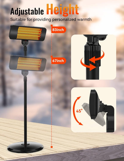 Outdoor Heater, 12H Timer&3 Heat Level, IP54 Waterproof Garage Heater, 1500W Infrared Heating Covers 300Sq.ft, Tip-Over Protection, Towel Bracket,Remote, 83Inch Patio Heaters for Outdoor Use