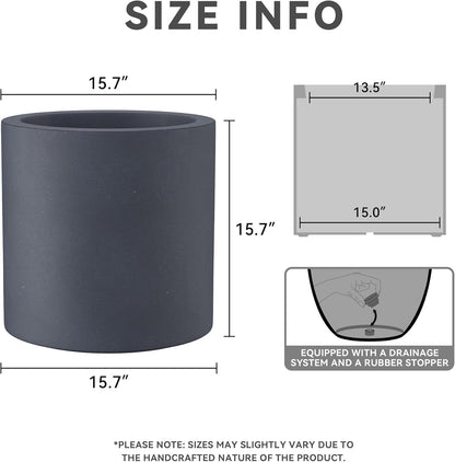 Kante 15.7" Dia Round Concrete Planter, Modern Style Large Cylindrical Plant Pot with Drainage Hole and Rubber Plug for Indoor Outdoor Patio, Charcoal