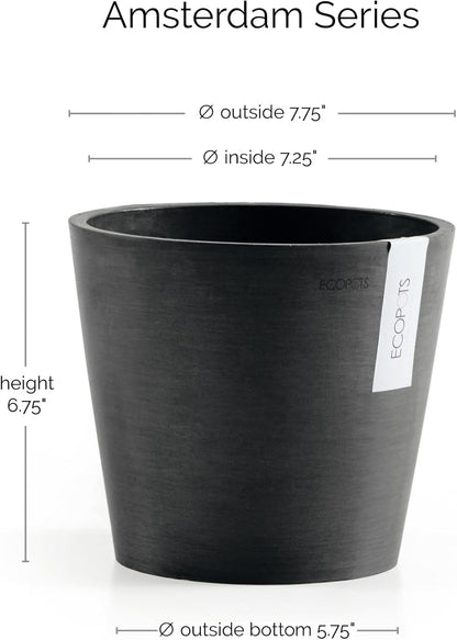 Ecopots Amsterdam Durable Modern Round Indoor/Outdoor Recycled-Based Composite Flower Pot Planter, Dark Grey, 8"