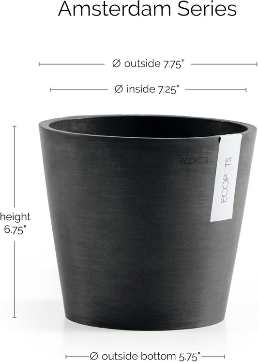 Ecopots Amsterdam Durable Modern Round Indoor/Outdoor Recycled-Based Composite Flower Pot Planter, Dark Grey, 8"