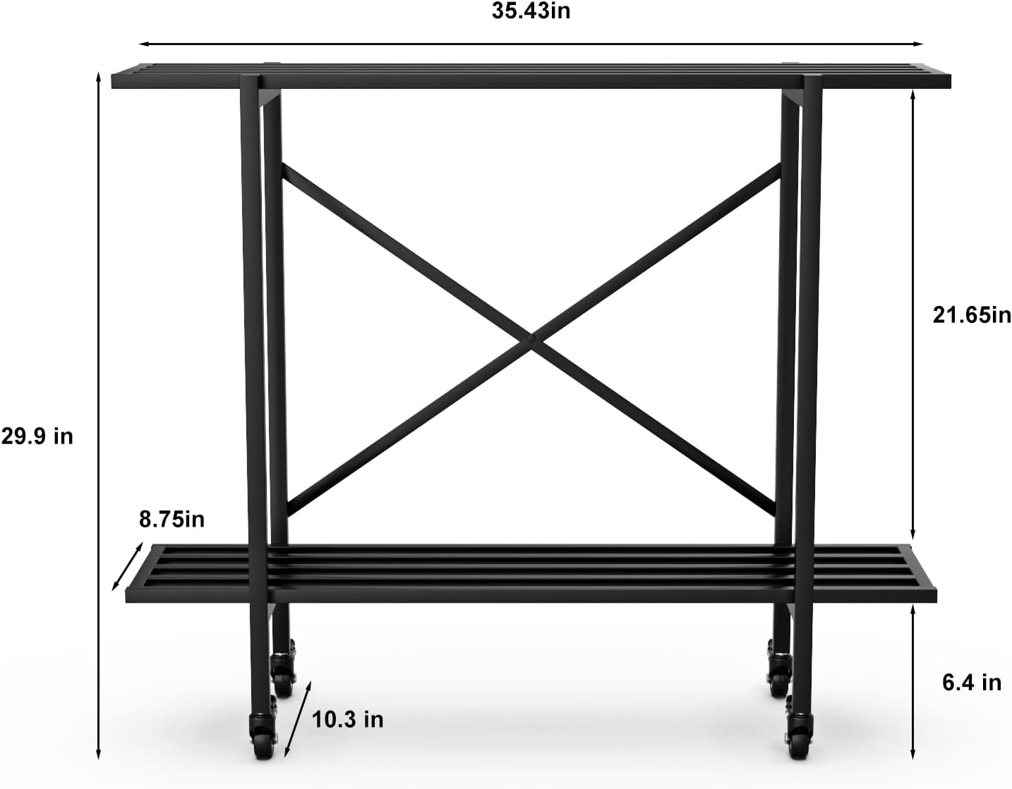 Zhongma 2 Tier Metal Sturdy Narrow Plant Stand with Wheels, Plant Stand Indoor and Outdoor, L35.43 x W10.3 x H29.9 inch, 440 LBS Capacity & Heavy Duty Construction.