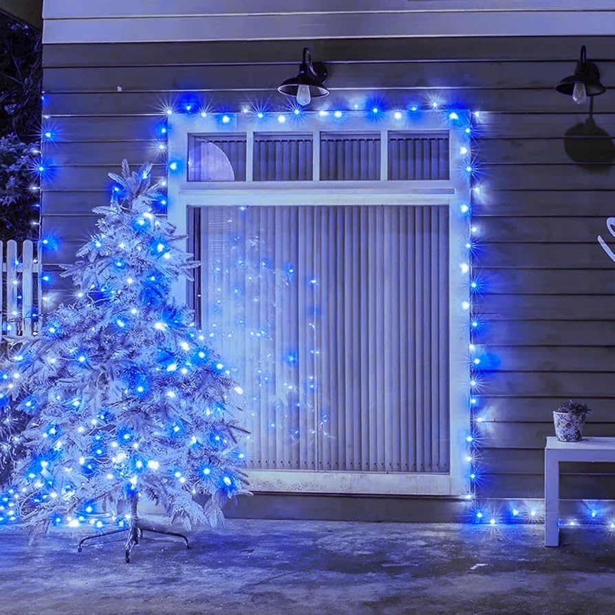 QITONG 4 Pack Blue and White Solar Fairy Lights, Each 33ft 100 LED Christmas String Light, 8 Modes Silver Wire Mini Twinkle Lighting for Tree Garden Yard Christmas