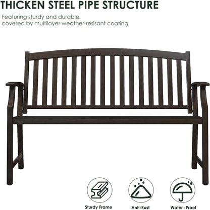 Grand patio 52" Farmhouse Outdoor Bench, Garden Benches with Rust Free Metal Powder Coated Frame and Aluminum Backrest, Faux Wood Grain Finish Frame Patio Bench for Front Porch, Northwoods Brown