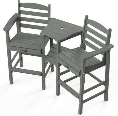 VINGLI Tall Adirondack Chairs Set of 2 with Removable Double Connecting Trays, HDPE Weather Resistance Outdoor Bar Stools Heavy Duty Patio Table and Chars Set Poly Deck Chairs for Pool Balcony (Gray)