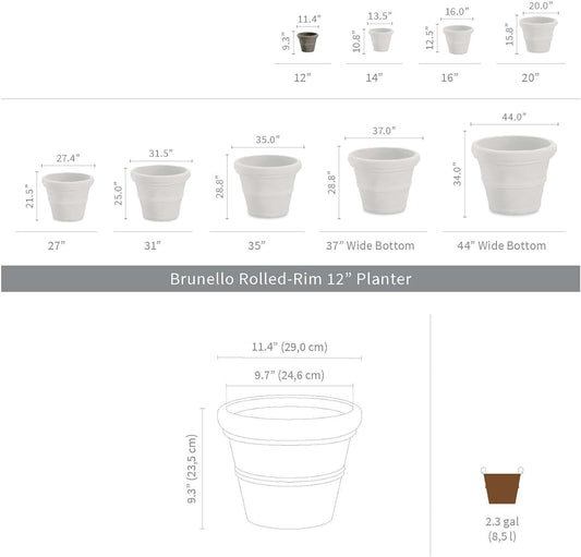 Crescent Garden Brunello Classic Rolled Rim Planter Pot, Indoor/Outdoor Weather-Safe Round Plant Pot, 12'' (Caviar Black)