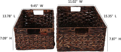 Rectangular Woven Water Hyacinth Basket,Dark Storage Basket With Inside Handle Shelves Kitchen Office Desk (Set of 2)