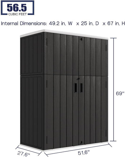 KINYING Outdoor Storage Shed,57 Cu.ft Vertical Outdoor Storage Cabinet Waterproof, Outdoor Resin Tool Shed for Patio Furniture, Garden Tools, Pool Accessories, Lawn Mower(Black Color)