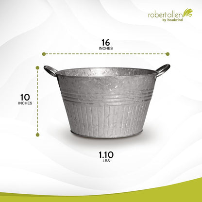 Headwind Round Galvanized Tub Planter with Handles – 16 Inch Lightweight Metal Planter with Drainage Hole – Galvanized Steel Tub for Plants - Metal Flower Pot by Robert Allen
