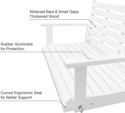 Wooden Porch Swing, Ergonomic Seat, Bench Swing with Hanging Chains and 7mm Springs, Heavy Duty 880 LBS, for Outdoor Patio Garden Yard (High Gloss White, 2-Seater Extra Large)