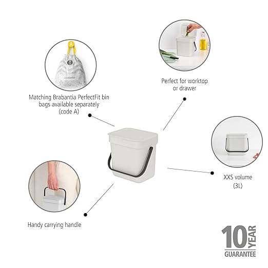 Brabantia Sort & Go Kitchen Countertop Food Scraps Compost Bin | XS / 0.8 Gal / 3L | Light Gray | Removable Stay-Open Lid, Carry Handle, Easy-Clean Recycling Box | Wall Bracket Sold Separately