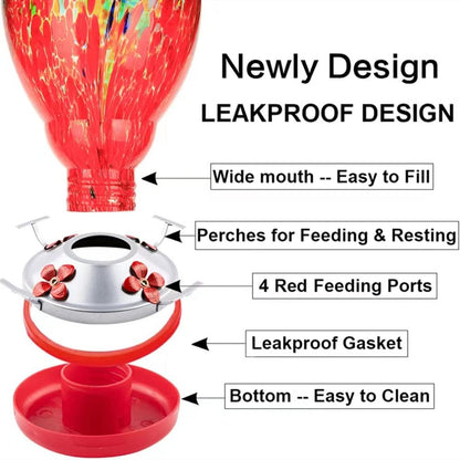 WOSIBO Hummingbird Feeder for Outdoors Patio Large 32 Ounces Colorful Hand Blown Glass Hummingbird Feeder with Ant Moat Hanging Hook, Rope, Brush and Service Card (Red-Sunrise)