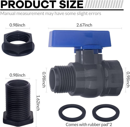 PVC Rain Barrel Spigot Kit 2 Pack 3/4" GHT Garden Hose Shut Off Valve With Bulkhead Fitting Garden Hose Thread Ball Valve for Water Adapter Tanks, Aquariums, Tubs, Pools