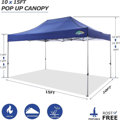 COBIZI 10x15 Pop Up Canopy with 4 Sidewall,Heavy Duty Canopy UPF 50+ All Season Wind Waterproof Commercial Outdoor Wedding Party Tents for Parties Gazebo with Carry Bag (10 x 15 ft Dark Blue)