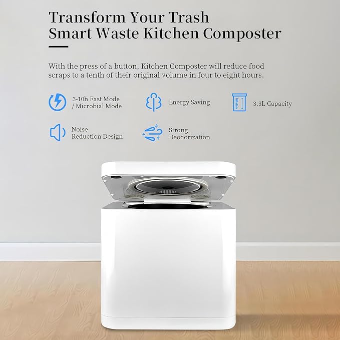 3.3L Electric Composter for Kitchen Smart Compost Bin Indoor with Intelligent LED Display High Temperature and UV Sterilization Odor Removal One Click Turn Food Waste to Fertilizer