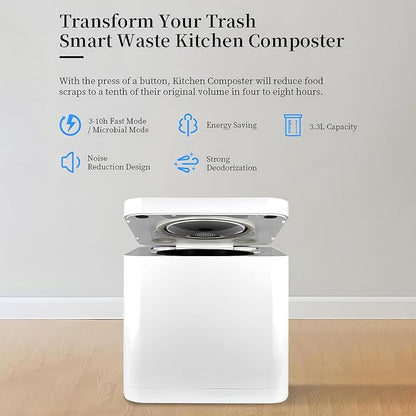 3.3L Electric Composter for Kitchen Smart Compost Bin Indoor with Intelligent LED Display High Temperature and UV Sterilization Odor Removal One Click Turn Food Waste to Fertilizer