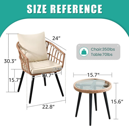 3 Pieces Patio Bistro Set, Outdoor Wicker Table and Chairs Set of 2, Rattan Balcony Furniture Set with Cushions for Front Porch Apartment Backyard Deck