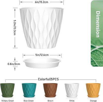 6 inch Plant Pots, 5 Pack Water Ripple Flower Pots for Indoor Outdoor Plants, Plastic Planters with Drainage Holes and Saucers, Nursery Pots for Small Succulent Garden House Plants, Multicolor