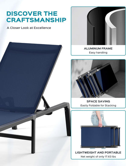 Patio Chaise Lounge Chair, Foldable Lounge Chair for Outside, Aluminum Chairs Set of 2 with 5 Adjustable Backrest, Outdoor Pool Lounger for Poolside, Lawn, Deck, Navy Blue