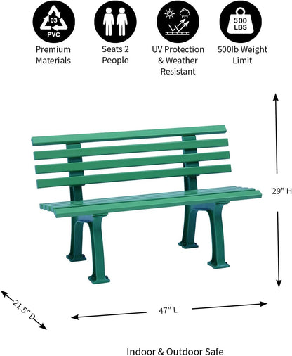 Plow & Hearth Weatherproof German PVC Outdoor Bench | Holds Up to 500 lbs | Garden Patio Porch Park Deck | Steel and Resin | Green