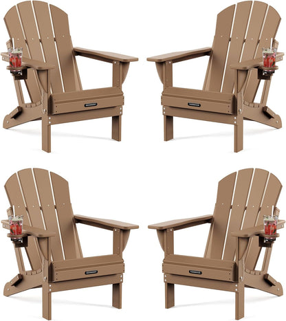 MUCHENGHY Folding Adirondack Chairs 4 Pack, Patio Chairs, Lawn Chairs, Outdoor Chairs, Adirondack Chair Plastic, Fire Pit Chairs, Weather Resistant with Cup Holder for Deck, Backyard, Garden(Teak)