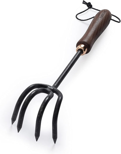 Barebones Cultivator - Weed Remover Tool - Garden Rake and Weeding Tool for Yard Work - Stainless Steel Cultivator for Raking Soil (Walnut/Black)