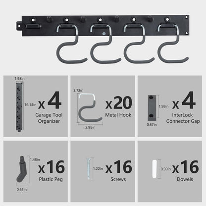 WellMade 64'' Adjustable Garden Tool Organizer, Garage Storage System with Hooks, Wall Mount Tool Organization Rack, Black