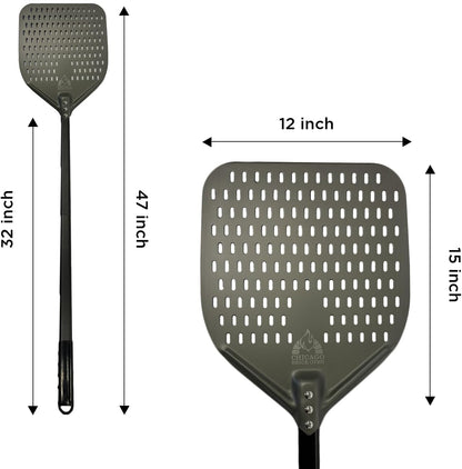 Perforated Pizza Peel - 12"x15" Anodized Aluminum Pizza Steel, 32" Handle, 47" Overall Length - Ideal Pizza Turning Peel for Pizza Oven, Brick Oven, Baking Bread