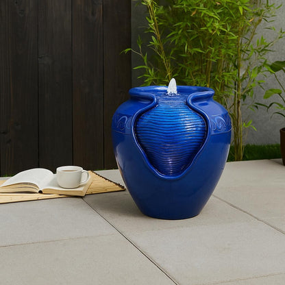 Teamson Home Outdoor Water Fountain, Glazed Pot Ceramic Look with LED Lights & Pump, Royal Blue, 16.93” Patio Garden Water Feature, Cascading Zen Fountain for Backyard, Porch, Deck, Home Decor