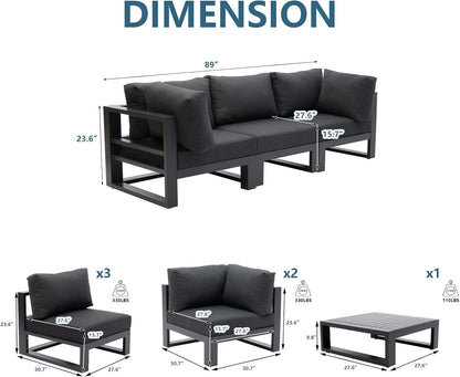 6 Pieces Outdoor Modular Sectional Set Aluminum Patio Conversation Sofa Sets with Armless Sofas, Square Coffee Table, Dark Grey Cushions