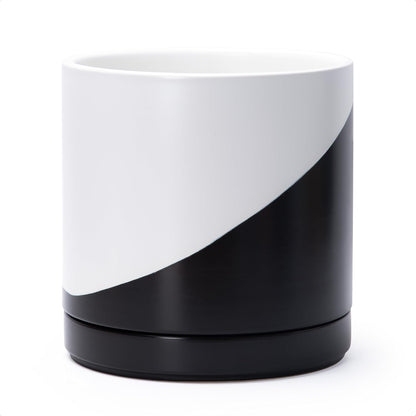 D'vine Dev 10 Inch Ceramic Planter Pot with Drainage Hole and Saucer, Indoor Cylinder Round Planter Pot, Oblique Monochrome Black and White, 94-O-E-K