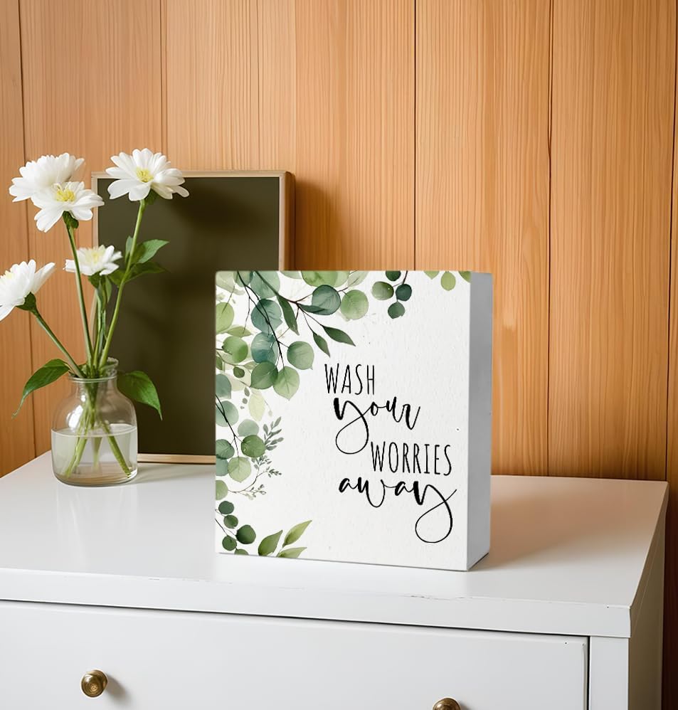 Wash Your Worries Away Funny Bathroom Wooden Box Sign, Eucalyptus Botanical Wood Signs for Restroom Bathroom Toilet Half Bath Shelf Counter Decor, 5x5 Inch