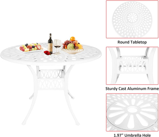 5 Piece Cast Aluminum Outdoor Dining Set, Outdoor Table and Chairs Set of 4, Patio Dining Set with 4 Chairs and 42" Round Table, Patio Conversation Set with 1.97" Umbrella Hole