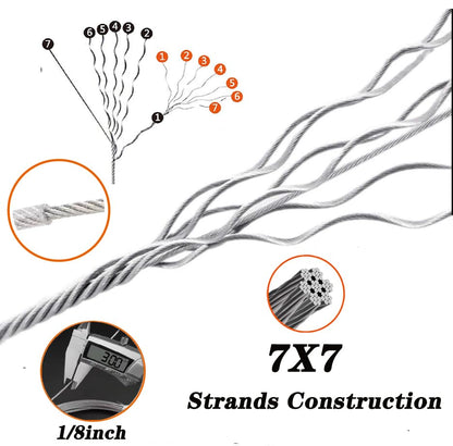 1/8" Wire Rope Kit with M5 Turnbuckles - 164FT Vinyl Coated Stainless Steel Cable, 7x7 Braided Strands Aircraft Cable for Climbing Plants, Outdoor String Lights Hanging