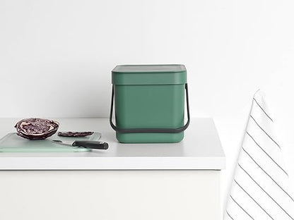Brabantia Sort & Go Kitchen Countertop Food Scraps Compost Bin | XS / 1.6 Gal / 6L | Fir Green | Removable Stay-Open Lid, Carry Handle, Easy-Clean Recycling Box | Wall-Mounting Bracket Included