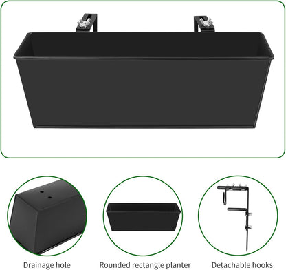 Railing Planter for Outdoor Plants 16 Inch Metal Rectangular Window Boxes with Adjustable Brackets and Drainage Hanging Flower Pots for Balcony Deck Railings Apartment Patio Decor Black(4PCS)