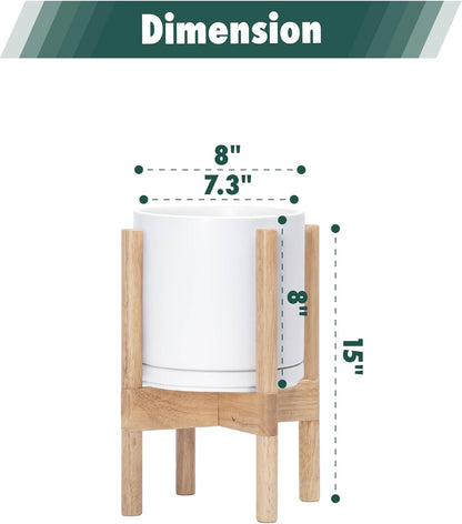 D'vine Dev Ceramic Planter with Natural Stand - 8 Inch Modern Round Flower Pot with Wood Planter Holder, White, 55-B-N-1