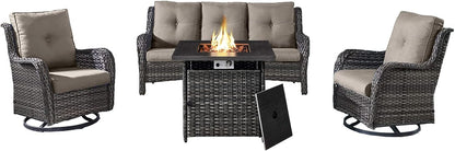 Outdoor Patio Furniture Set with 50000BTU Propane Fire Pit Table, 4 Pieces Wicker Patio Conversation Set with 2 Swivel Rocker Glider Chairs Rattan Sofa Blue Cushion Perfect for Casual Gathering
