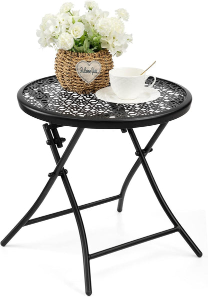 TeoKJ Folding Outdoor Side Tables, Anti Rust Small Patio Table Round Metal Nightstand with Flower Cutouts for Porch Yard Balcony Deck Lawn, Black
