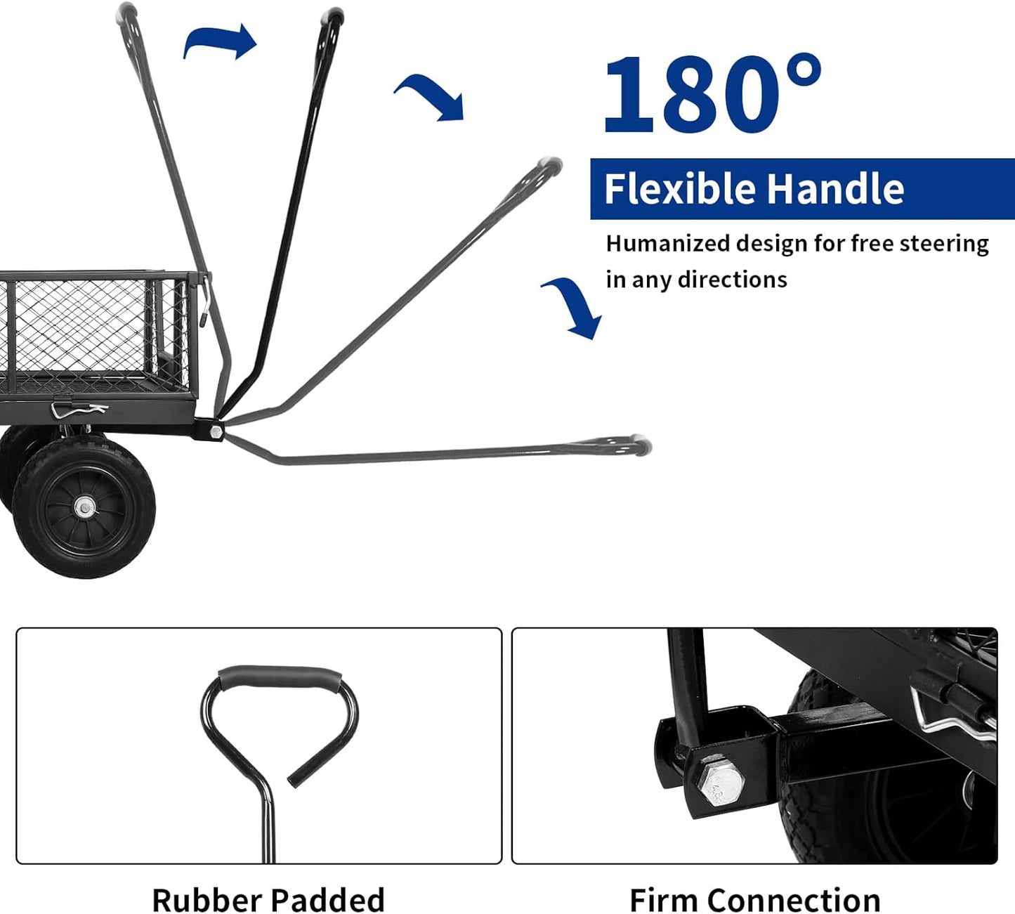 BILT HARD 880 lbs 10" Flat Free Tires Steel Garden Cart with 180° Rotating Handle and Removable Sides, Heavy Duty 4 Cu.Ft Capacity Utility Garden Carts and Wagons, Black